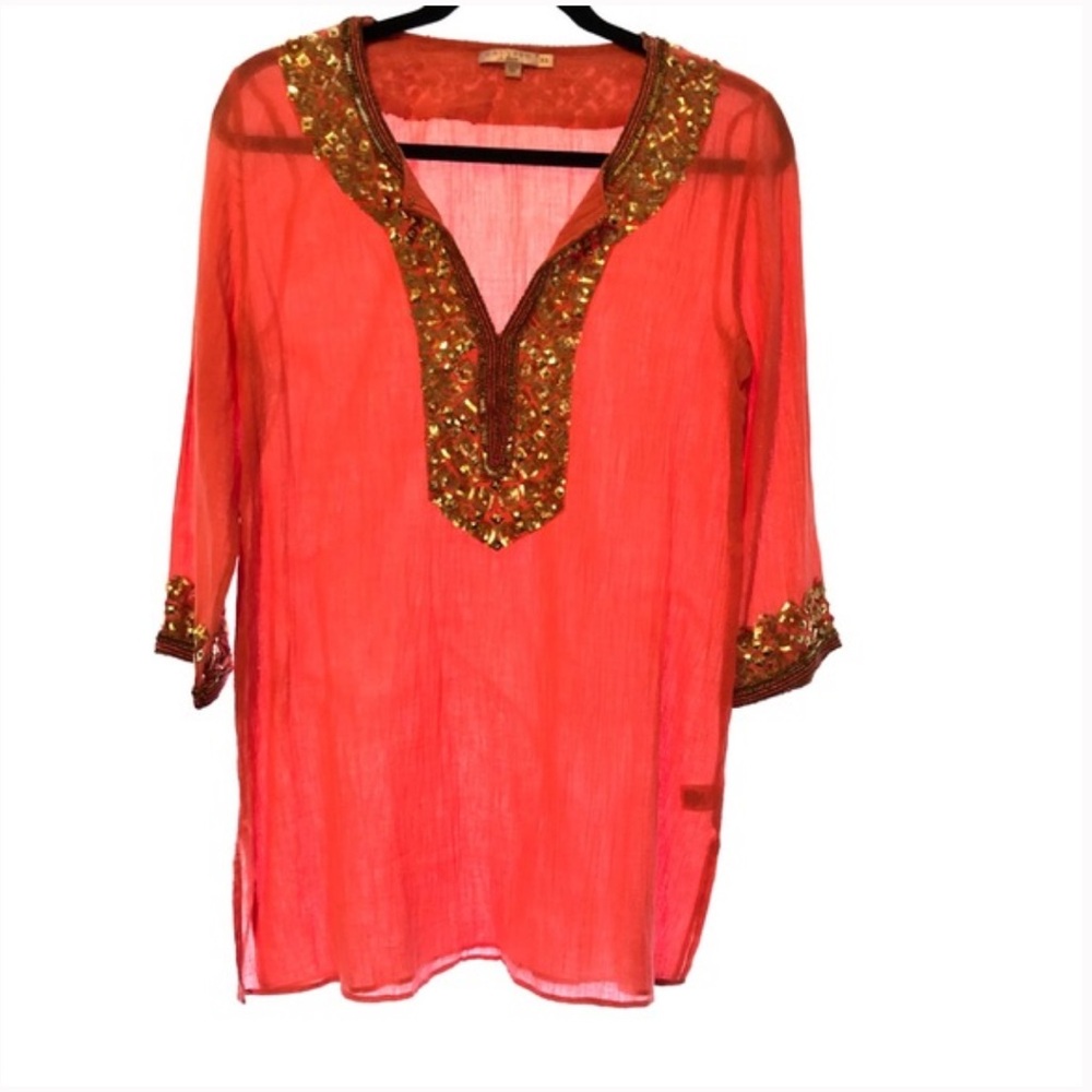 Calypso St. Barth Coral Embroidered Beaded Tunic Size L
